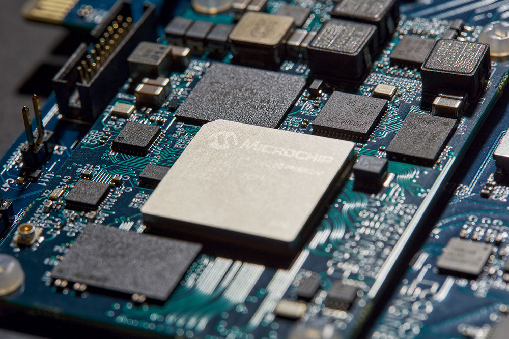 Close-up of a microchip mounted on a PCB
